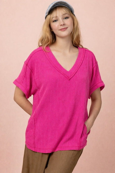 V Neck Loose Textured Top