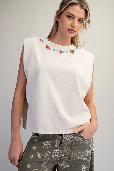 Mineral Washed Floral Neck Top