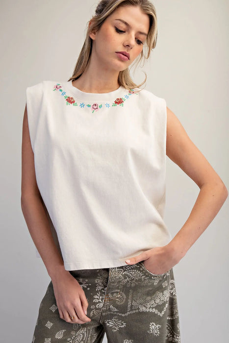 Mineral Washed Floral Neck Top