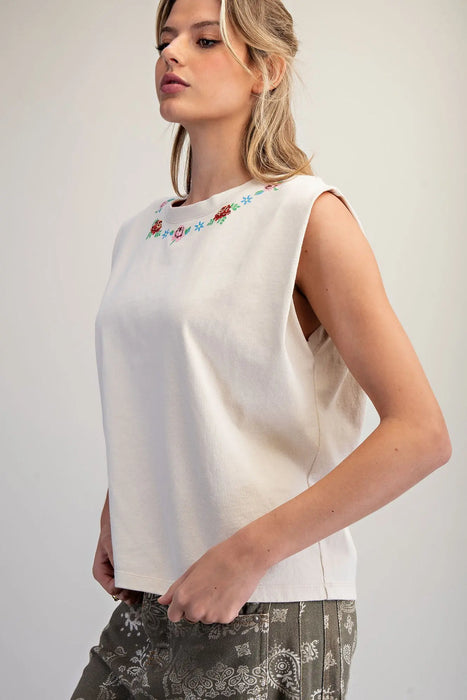 Mineral Washed Floral Neck Top