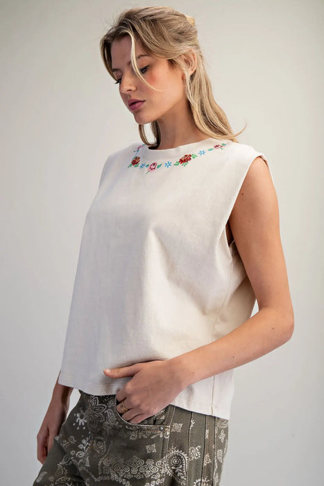Mineral Washed Floral Neck Top
