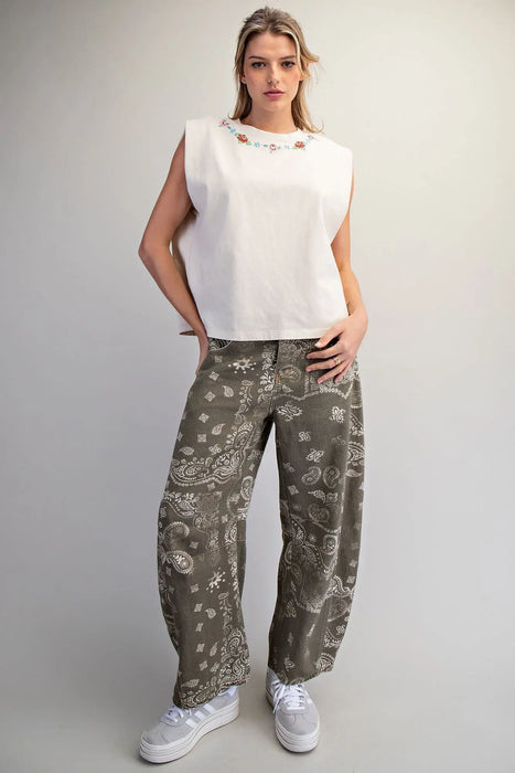 Mineral Washed Floral Neck Top