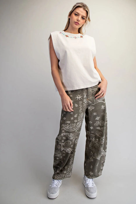 Mineral Washed Floral Neck Top
