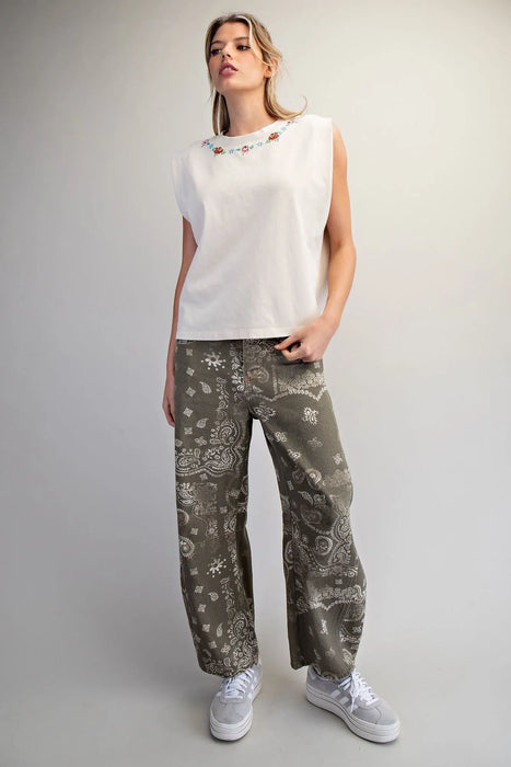 Mineral Washed Floral Neck Top