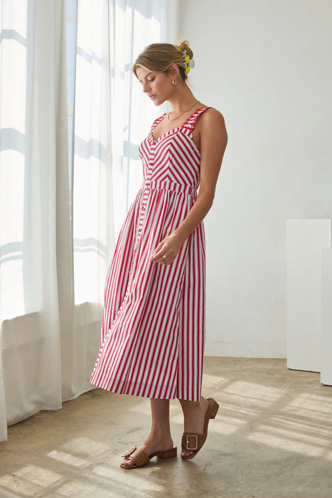 Striped Midi Dress with Sweetheart Neck
