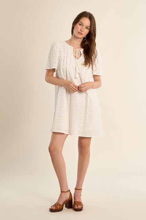 Eyelet Mini Dress Tie Collar