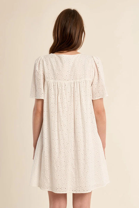 Eyelet Mini Dress Tie Collar