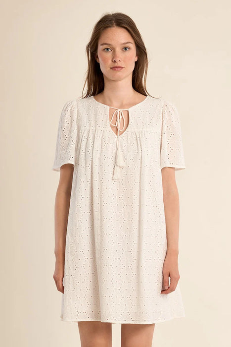Eyelet Mini Dress Tie Collar