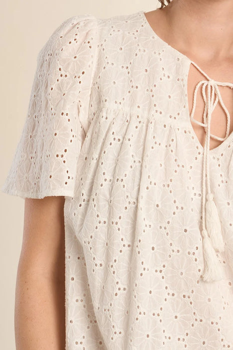 Eyelet Mini Dress Tie Collar