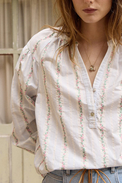 Striped Blouse W/ Pink Flowers