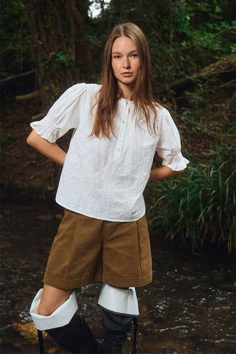 Stitched Woven Puff Sleeve Blouse