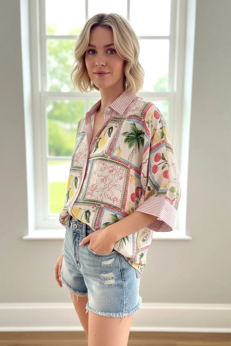 Linen Fruit Print Button Up Top