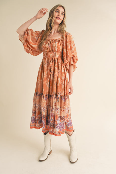 Multi Print Square Neck Dress