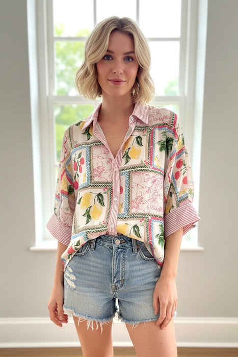 Linen Fruit Print Button Up Top
