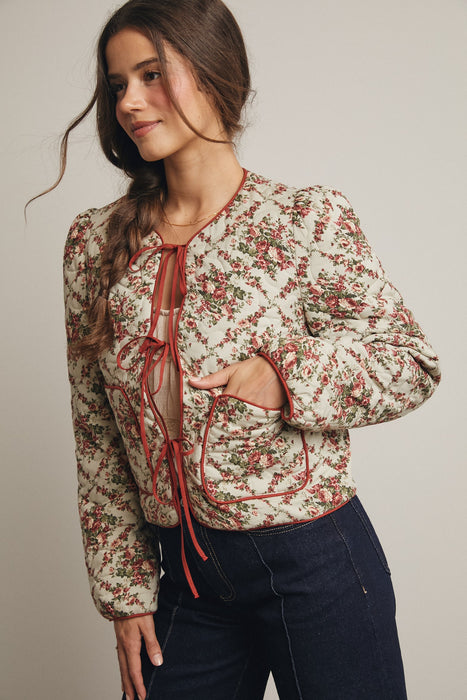 Floral Front Tie Quilt Jacket Light Sage