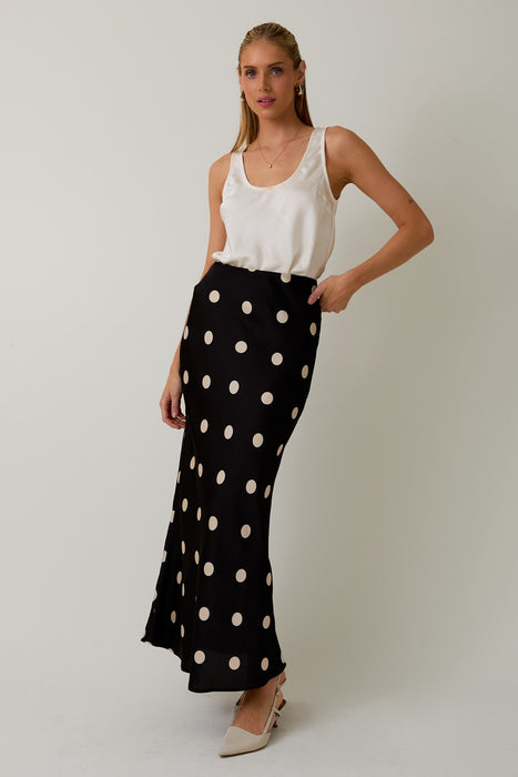 Satin Midi Skirt Elastic Waist Polka Dot