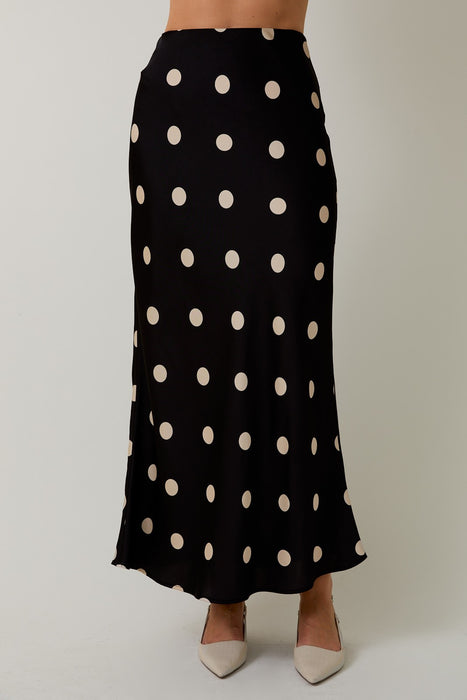 Satin Midi Skirt Elastic Waist Polka Dot