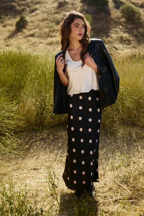 Satin Midi Skirt Elastic Waist Polka Dot