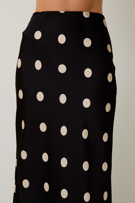 Satin Midi Skirt Elastic Waist Polka Dot
