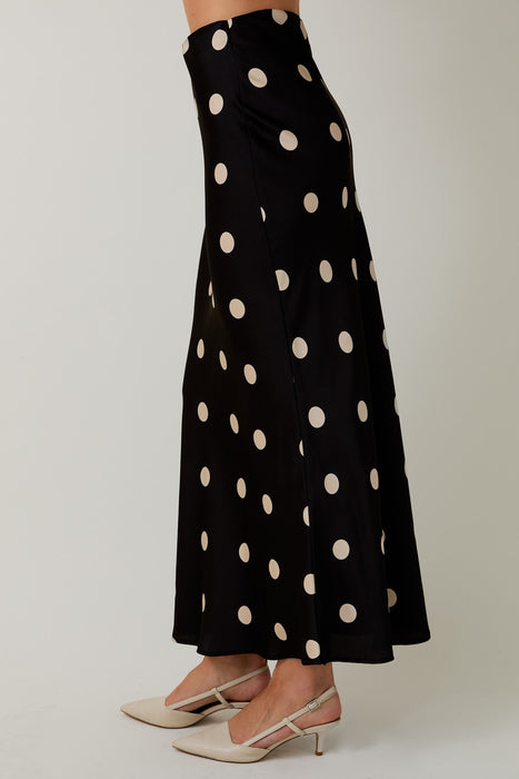 Satin Midi Skirt Elastic Waist Polka Dot