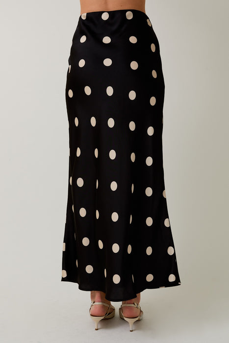 Satin Midi Skirt Elastic Waist Polka Dot