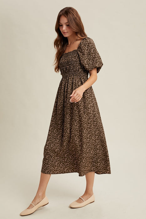 Floral Puff Sleeve Midi Dress