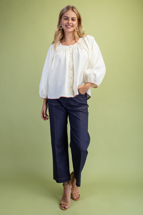Gathered Button Down Blouse WHITE STRIPE