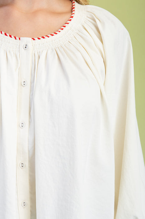Gathered Button Down Blouse WHITE STRIPE