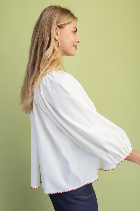 Gathered Button Down Blouse WHITE STRIPE