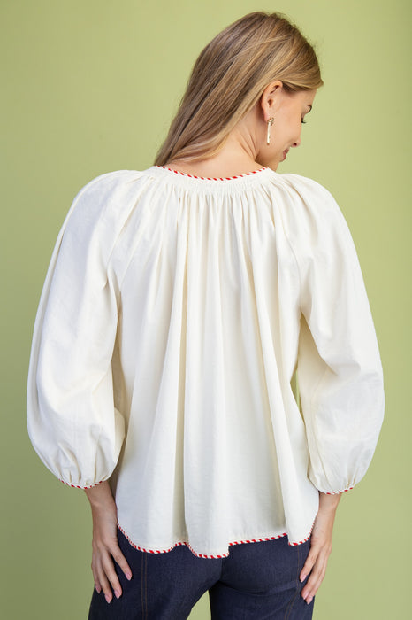 Gathered Button Down Blouse WHITE STRIPE