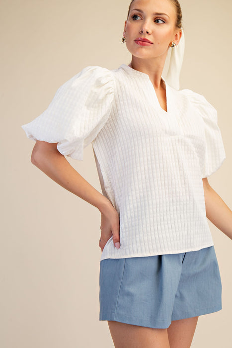 Puff Sleeve V Neck Textured Top