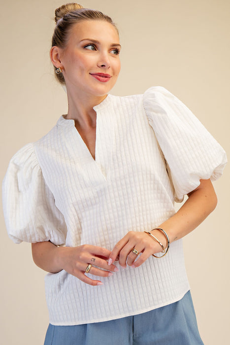 Puff Sleeve V Neck Textured Top