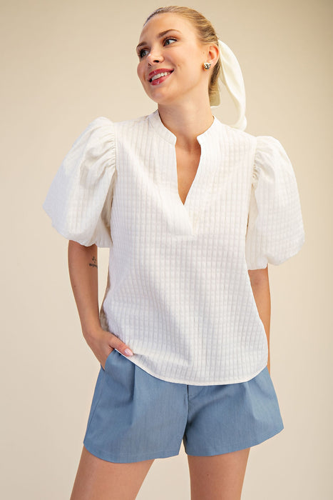 Puff Sleeve V Neck Textured Top