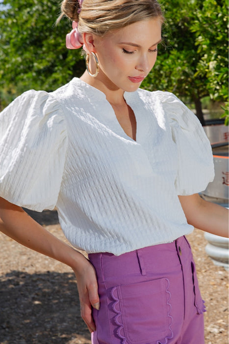 Puff Sleeve V Neck Textured Top