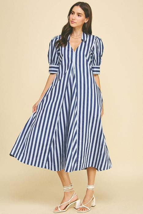 Striped V Neck Midi Dress