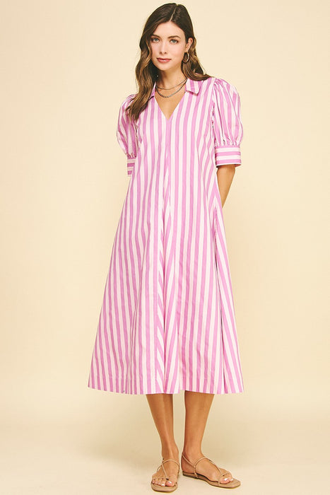 Striped V Neck Midi Dress