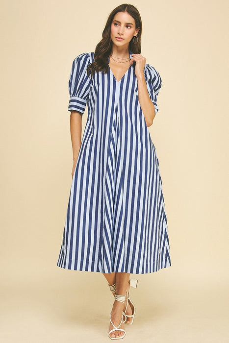 Striped V Neck Midi Dress
