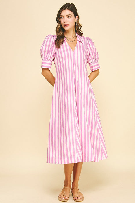 Striped V Neck Midi Dress