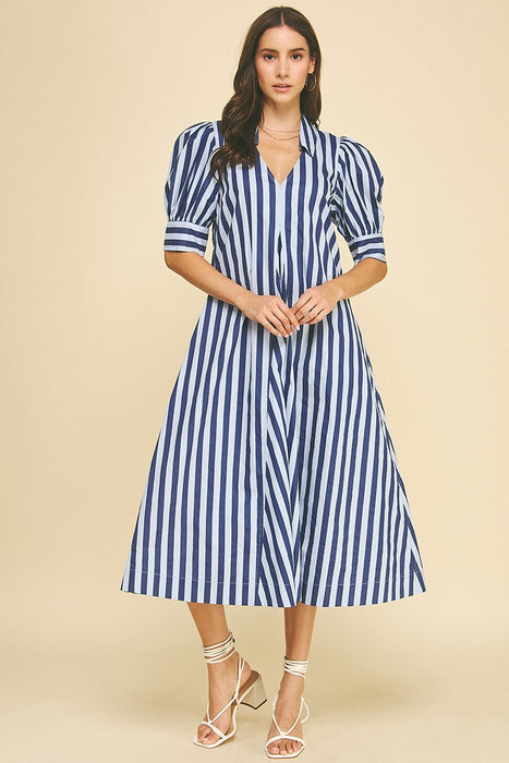 Striped V Neck Midi Dress