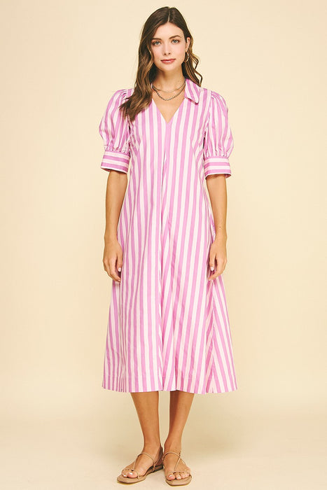 Striped V Neck Midi Dress