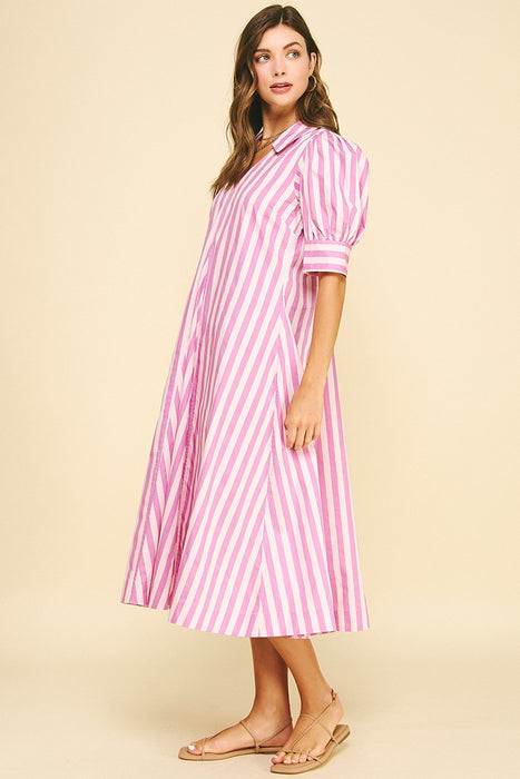 Striped V Neck Midi Dress
