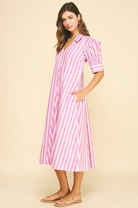 Striped V Neck Midi Dress