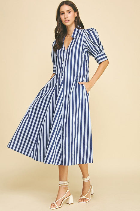Striped V Neck Midi Dress