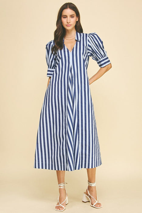 Striped V Neck Midi Dress