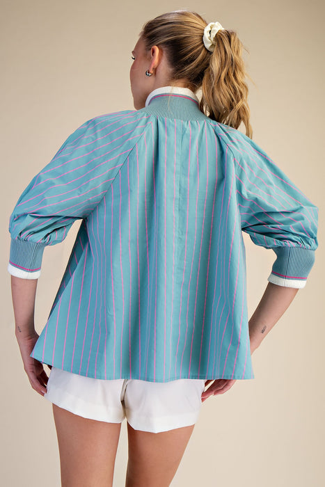 Mock Neck Band Puff Sleeve Blouse