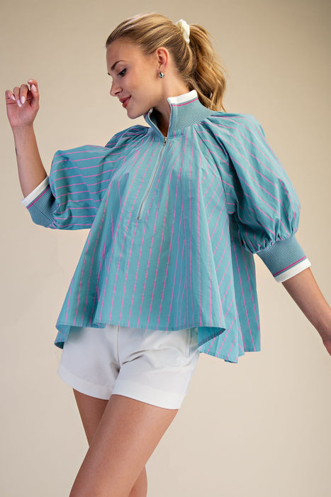 Mock Neck Band Puff Sleeve Blouse