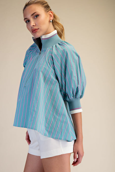 Mock Neck Band Puff Sleeve Blouse
