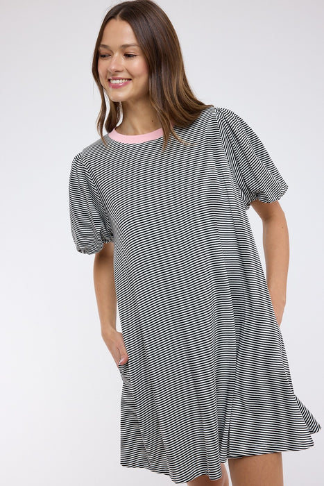 Striped Puff Sleeve Knit Mini Dress Black/Pink