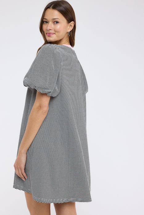 Striped Puff Sleeve Knit Mini Dress Black/Pink