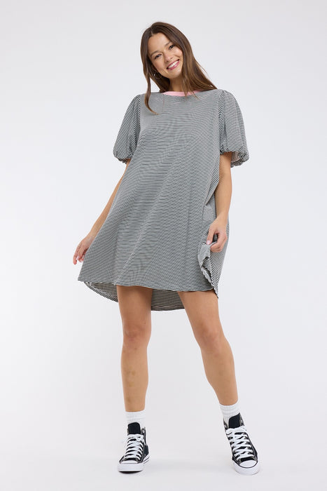 Striped Puff Sleeve Knit Mini Dress Black/Pink